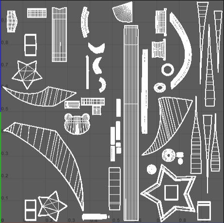 Capture of the UV layout for MarKatoto's keyblade in Maya. This was then into Clip Studio Paint and drawn over.