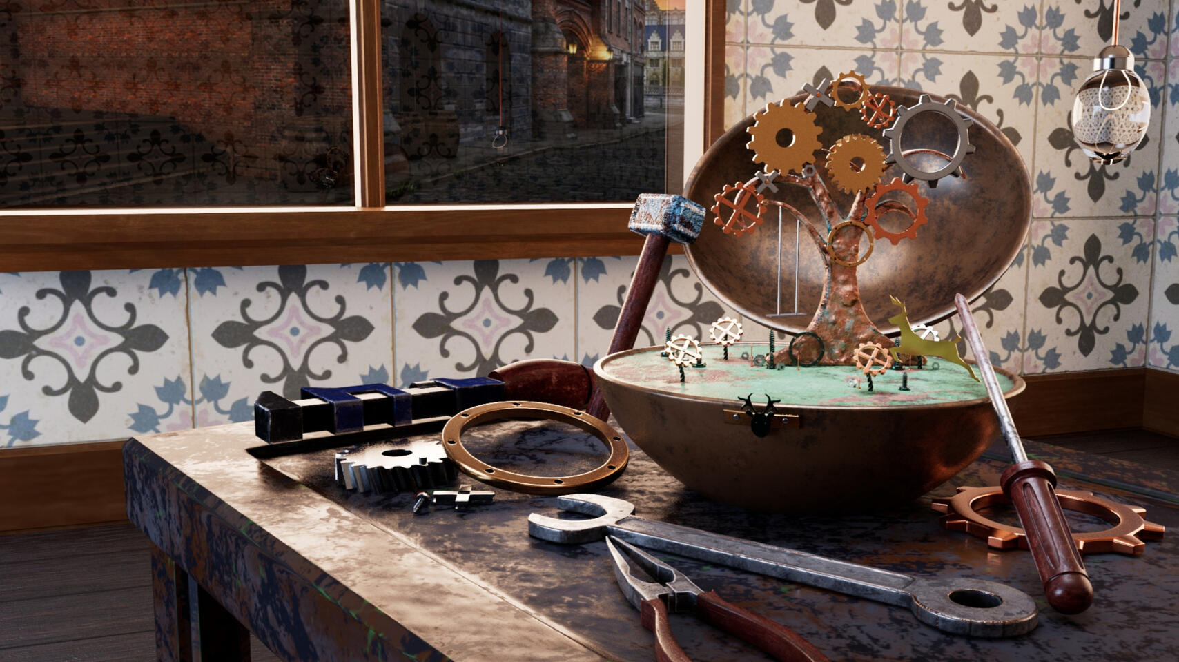 Done for a project entitled "Little Planet: It's A Small World," meant to represent the office of a steampunk music box maker who's building a mechanical little forest in one of his creations. Inspired by steampunk art.