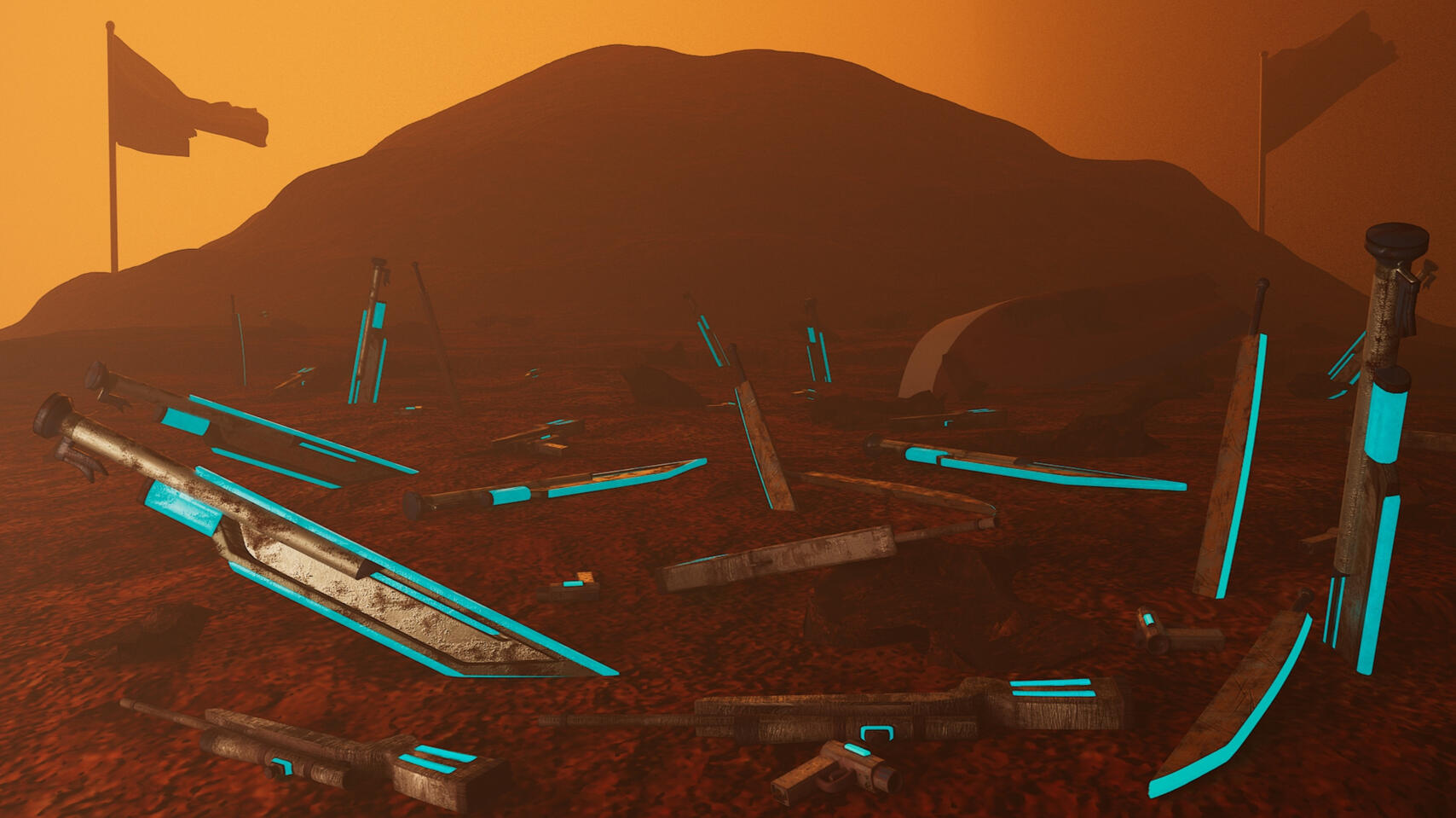 Done for a project entitled "Dystopia: 21st Century Angst," meant to invoke a long-since abandoned battlefield over ownership of Mars. Inspired by Kingdom Heart's keyblade graveyard.