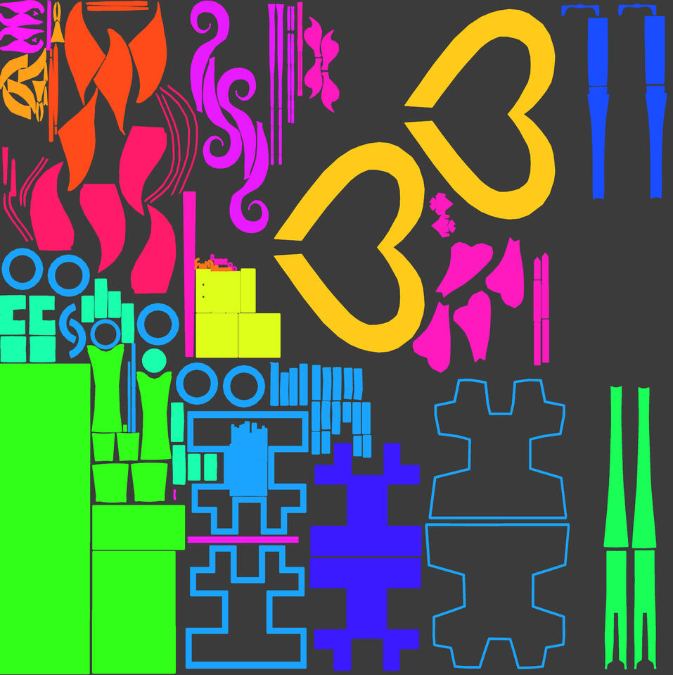 UVs for Penny's keyblade, with ID material colors assigned to them (which I didn't end up needing for the final product, but it makes the UVs look extra nice).